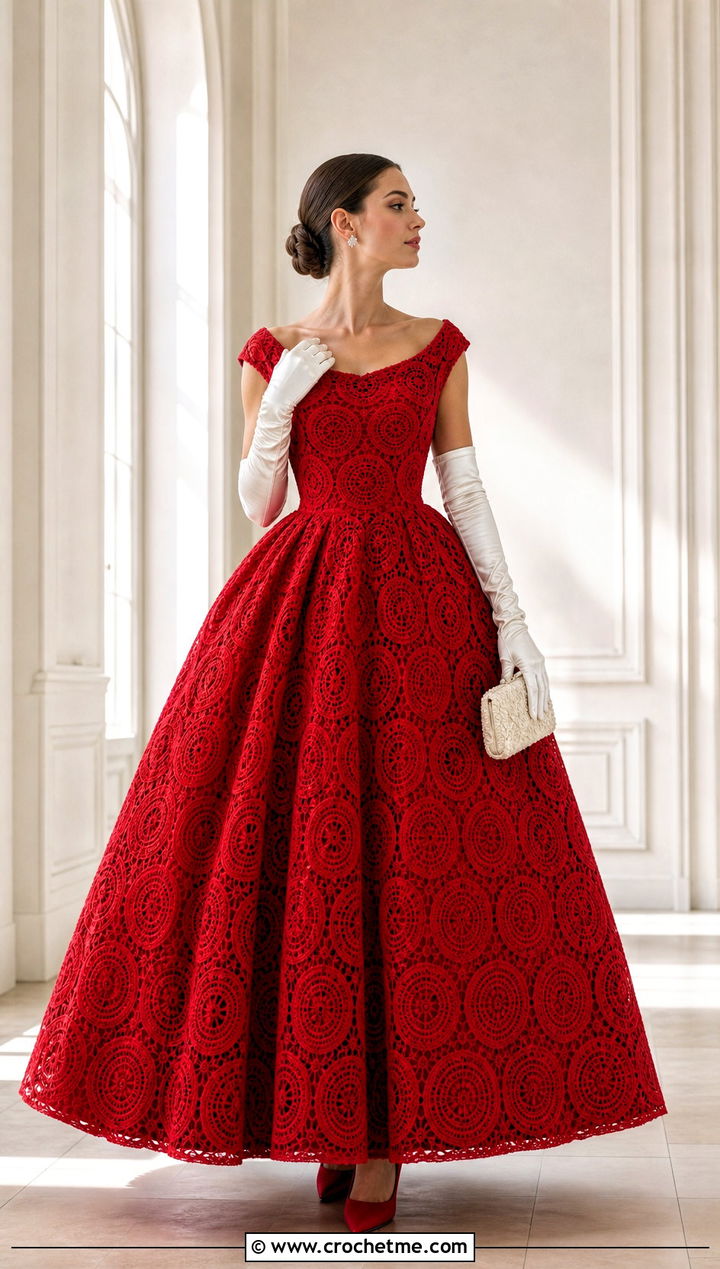 Medallion Crochet Lace Ball Gown With Opera Gloves - 15 Vintage Crochet Lace Wedding Dress outfit ideas
