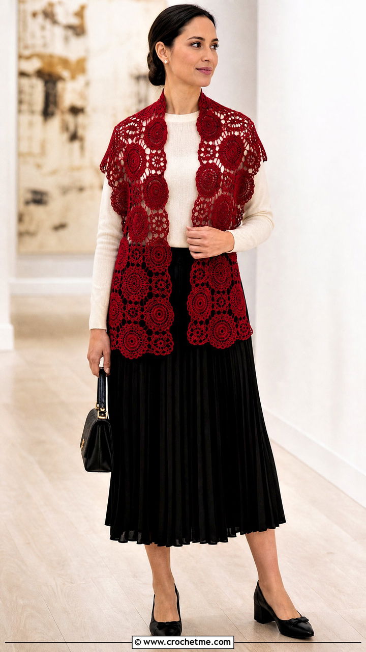 Medallion Crochet Lace Scarf With Crewneck Sweater And Pleated Skirt - 35 crochet lace scarf outfit ideas