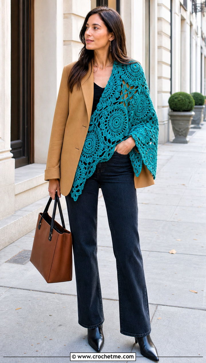 Medallion Crochet Lace Shawl With A Blazer And Jeans - 30 easy crochet lace shawl outfit ideas