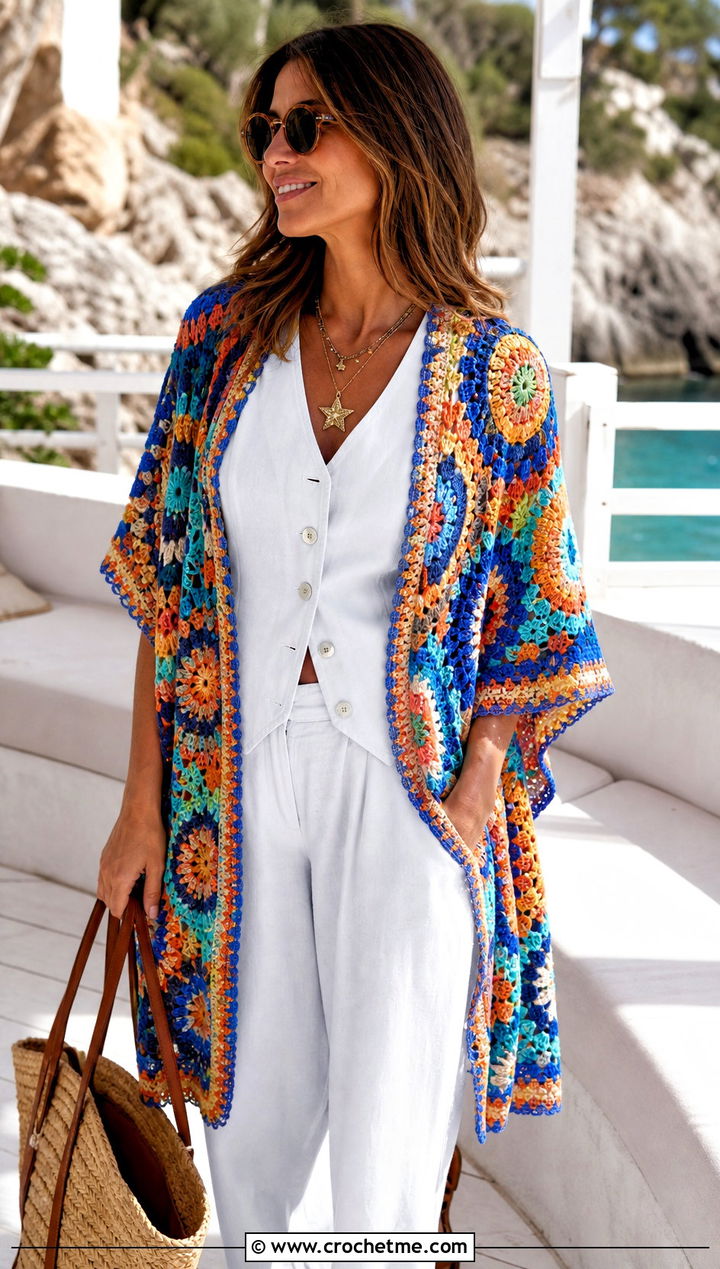 Medallion Crochet Shawl With Linen Set - 25 Vintage Crochet Shawl outfit ideas