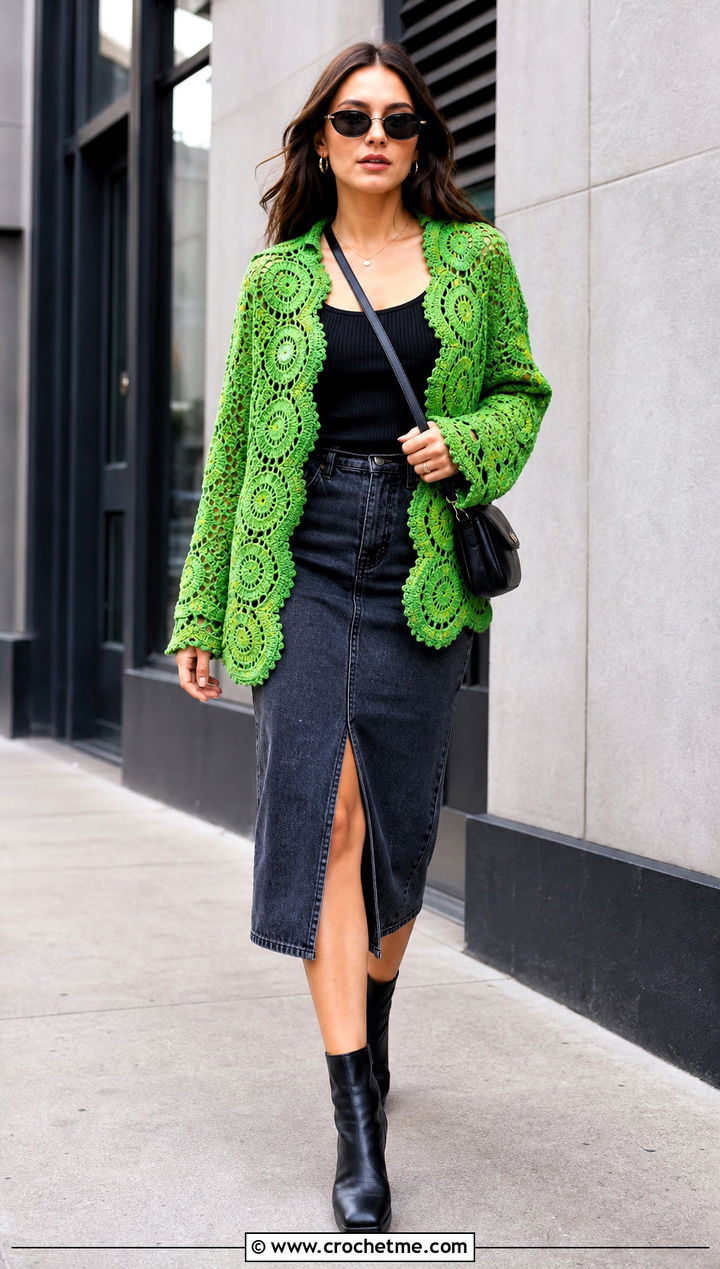 Medallion Irish Crochet Cardigan With Denim Midi Skirt - 25 Irish Crochet Cardigan outfit ideas
