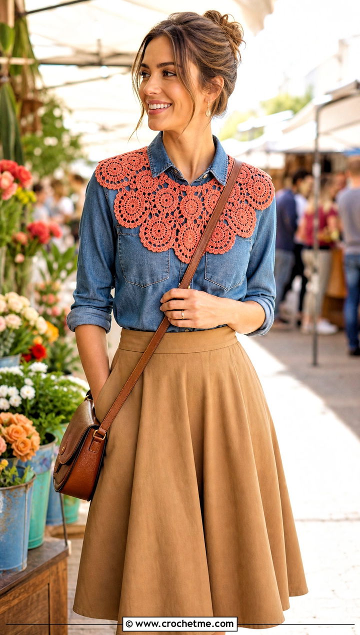 Medallion Lace Crochet Collar With Denim Shirt And Midi Skirt - 25 Lace Crochet Collar outfit ideas