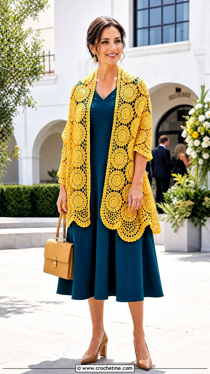 Medallion Lacy Crochet Shawl With A Line Dress - 35 lacy crochet shawl outfit ideas