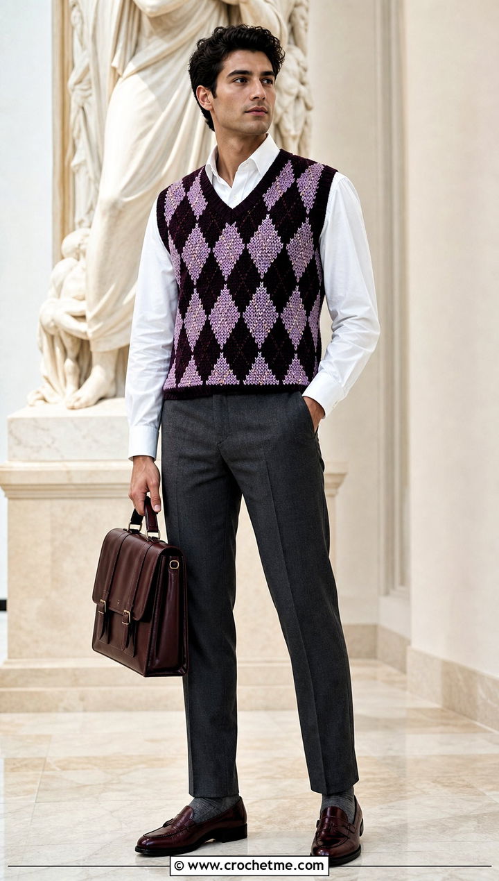 Mens Argyle Crochet Sweater Vest With A Dress Shirt - 20 Mens Crochet Sweater Vest outfit ideas