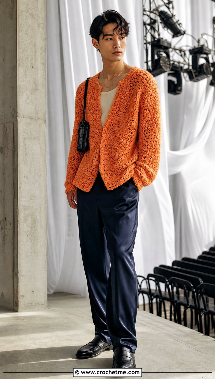 Mens Boucle Crochet Sweater With Satin Pants - 35 mens crochet sweater outfit ideas