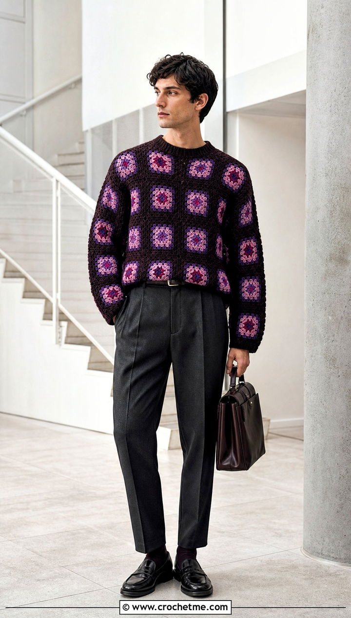 Mens Boxy Granny Square Sweater With Tailored Trousers - 20 Mens Granny Square Sweater outfit ideas