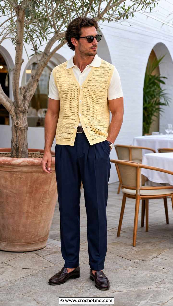 Mens Button Front Crochet Sweater Vest With Pleated Pants - 20 Mens Crochet Sweater Vest outfit ideas