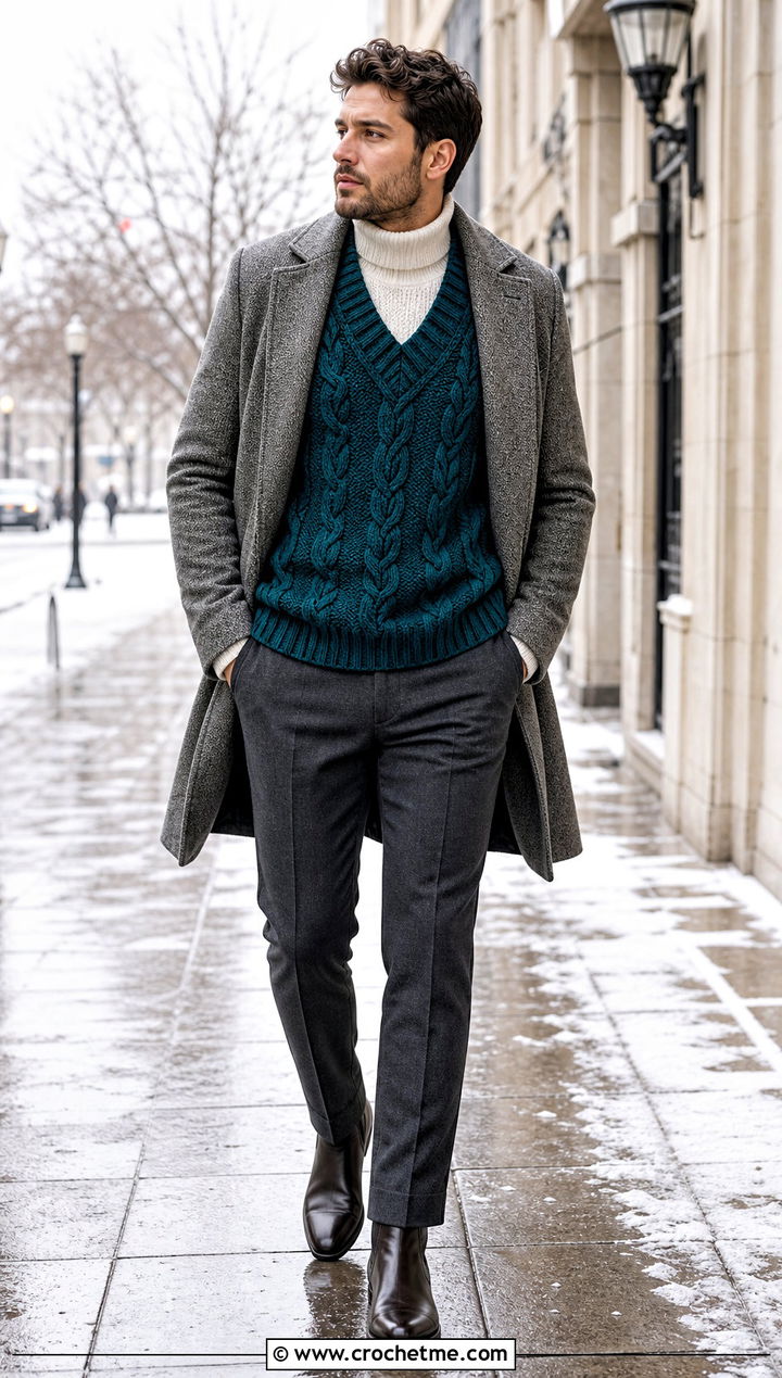 Mens Cable Stitch Crochet Sweater Vest With A Turtleneck - 20 Mens Crochet Sweater Vest outfit ideas