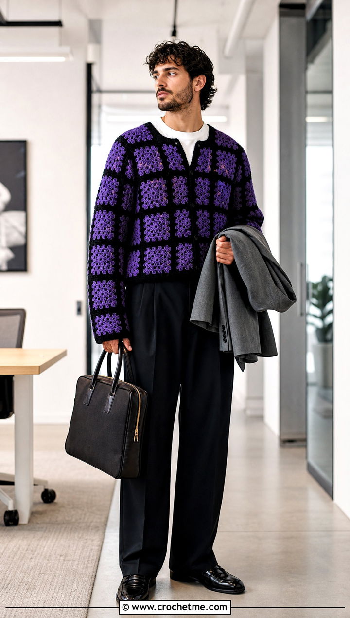Mens Checkerboard Granny Square Sweater With Suit Trousers - 20 Mens Granny Square Sweater outfit ideas