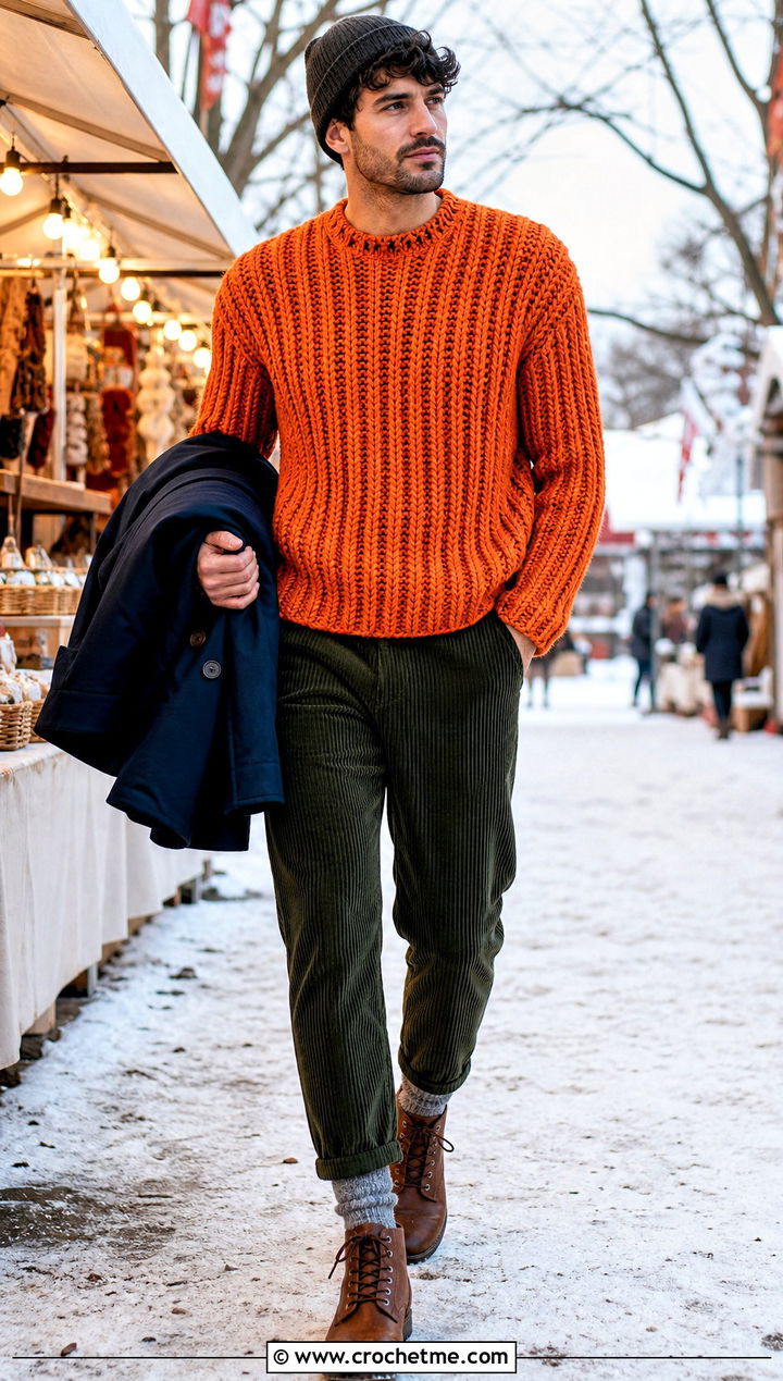 Mens Chunky Ribbed Crochet Sweater With Corduroy Pants - 35 mens crochet sweater outfit ideas