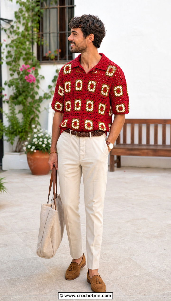 Mens Collared Granny Square Sweater With Chinos - 20 Mens Granny Square Sweater outfit ideas