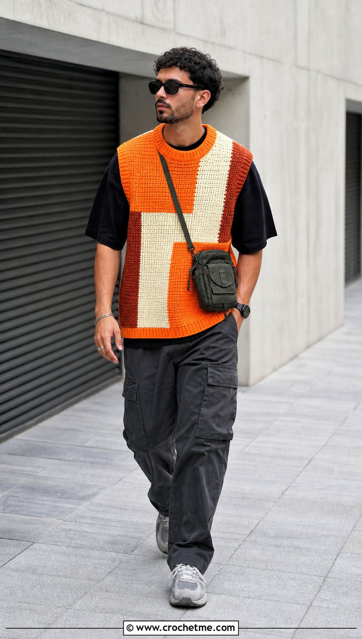 Mens Color Block Crochet Sweater Vest With Cargo Pants - 20 Mens Crochet Sweater Vest outfit ideas