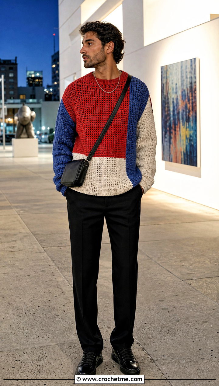 Mens Color Block Crochet Sweater With Black Trousers - 35 mens crochet sweater outfit ideas