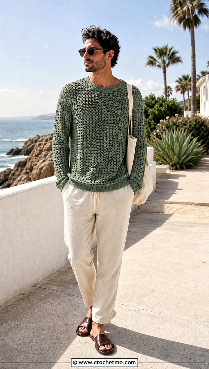 Mens Cotton Linen Crochet Sweater With Drawstring Pants - 35 mens crochet sweater outfit ideas
