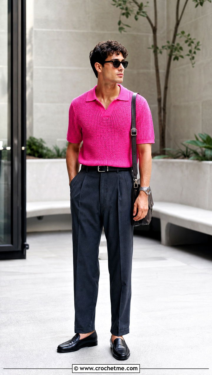 Mens Crochet Polo Sweater With Pleated Trousers - 35 mens crochet sweater outfit ideas