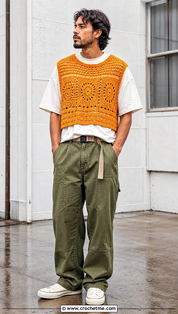 Mens Cropped Crochet Sweater Vest With Carpenter Pants - 20 Mens Crochet Sweater Vest outfit ideas