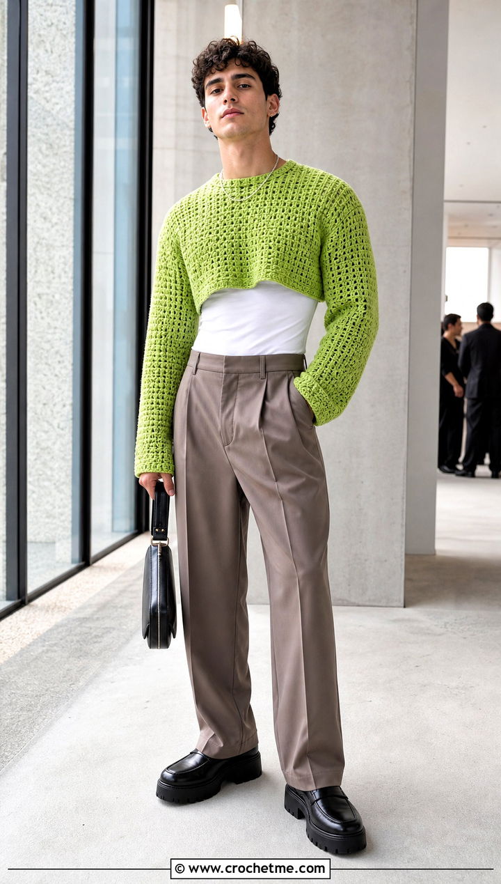 Mens Cropped Crochet Sweater With High Waisted Pants - 35 mens crochet sweater outfit ideas