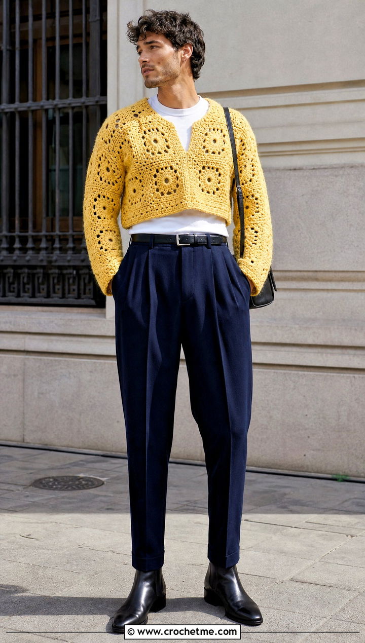 Mens Cropped Granny Square Sweater With Pleated Pants - 20 Mens Granny Square Sweater outfit ideas