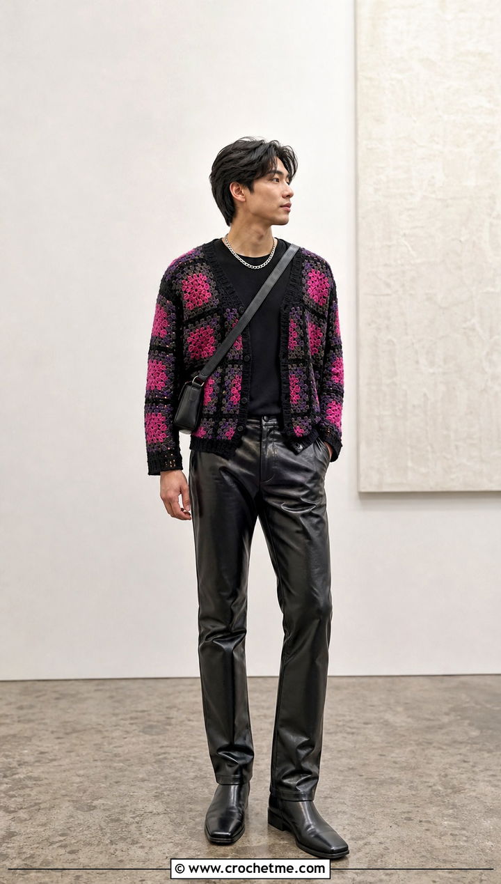 Mens Dark Base Granny Square Sweater With Leather Pants - 20 Mens Granny Square Sweater outfit ideas