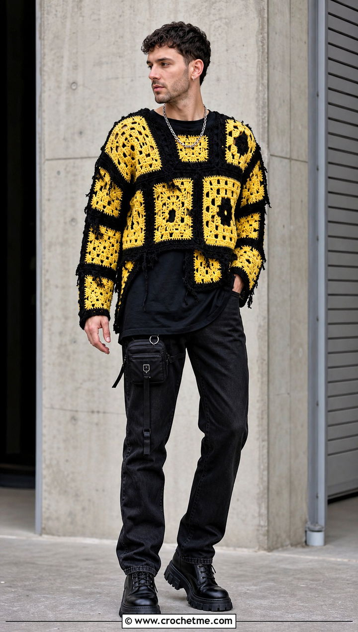 Mens Distressed Granny Square Sweater With Black Denim - 20 Mens Granny Square Sweater outfit ideas
