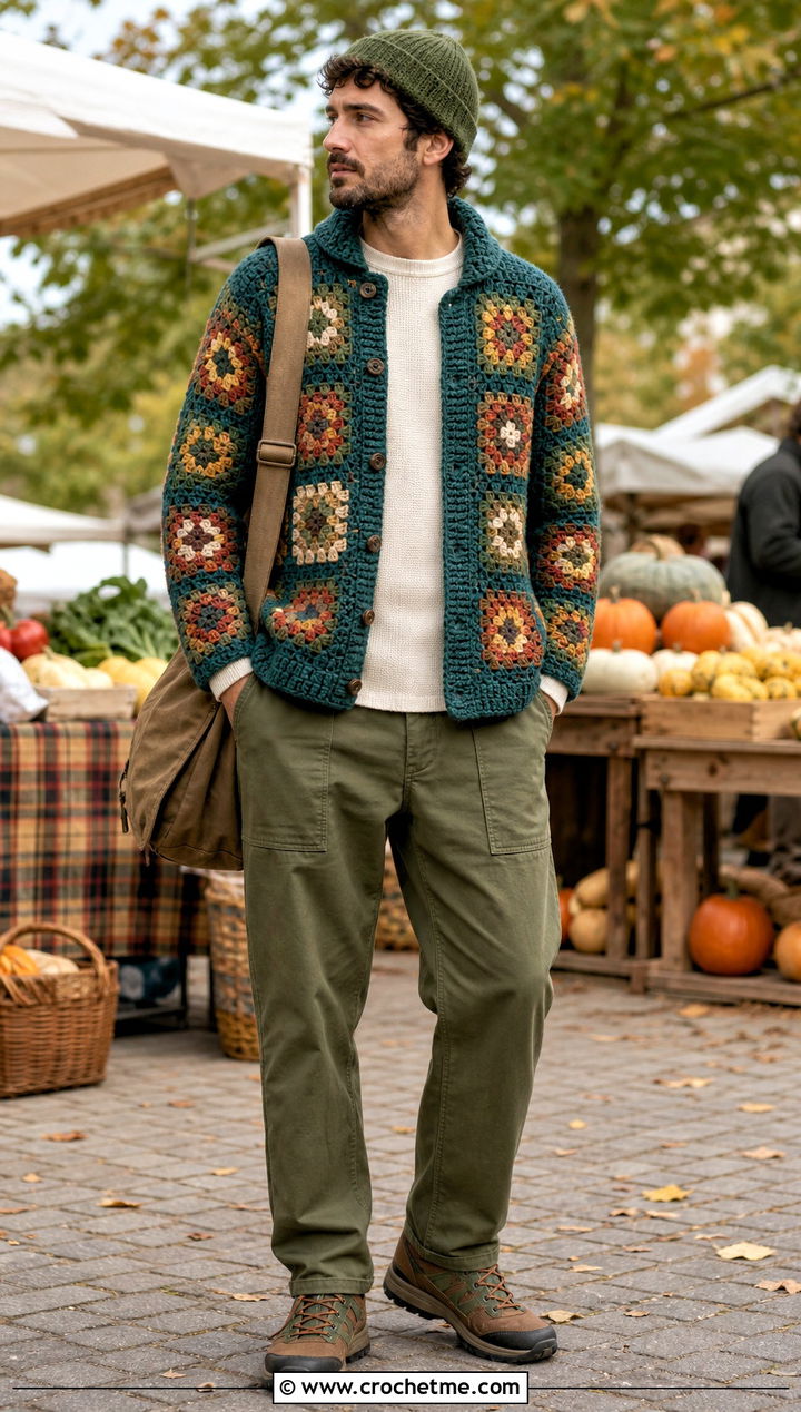 Mens Earth Tone Granny Square Sweater With Fatigue Pants - 20 Mens Granny Square Sweater outfit ideas