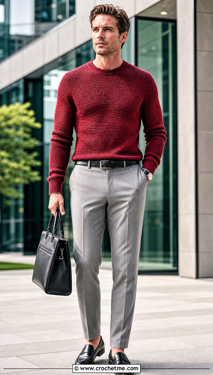 Mens Fine Gauge Crochet Sweater With Dress Pants - 35 mens crochet sweater outfit ideas