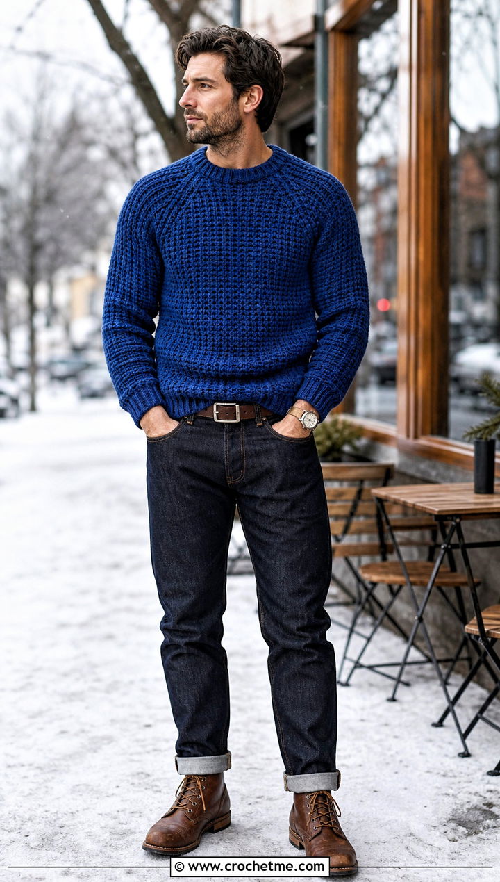 Mens Fisherman Crochet Sweater With Raw Denim - 35 mens crochet sweater outfit ideas