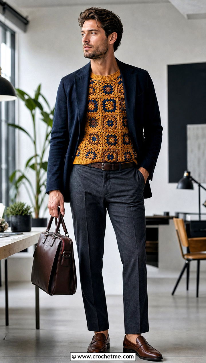 Mens Fitted Granny Square Sweater With Dress Pants - 20 Mens Granny Square Sweater outfit ideas