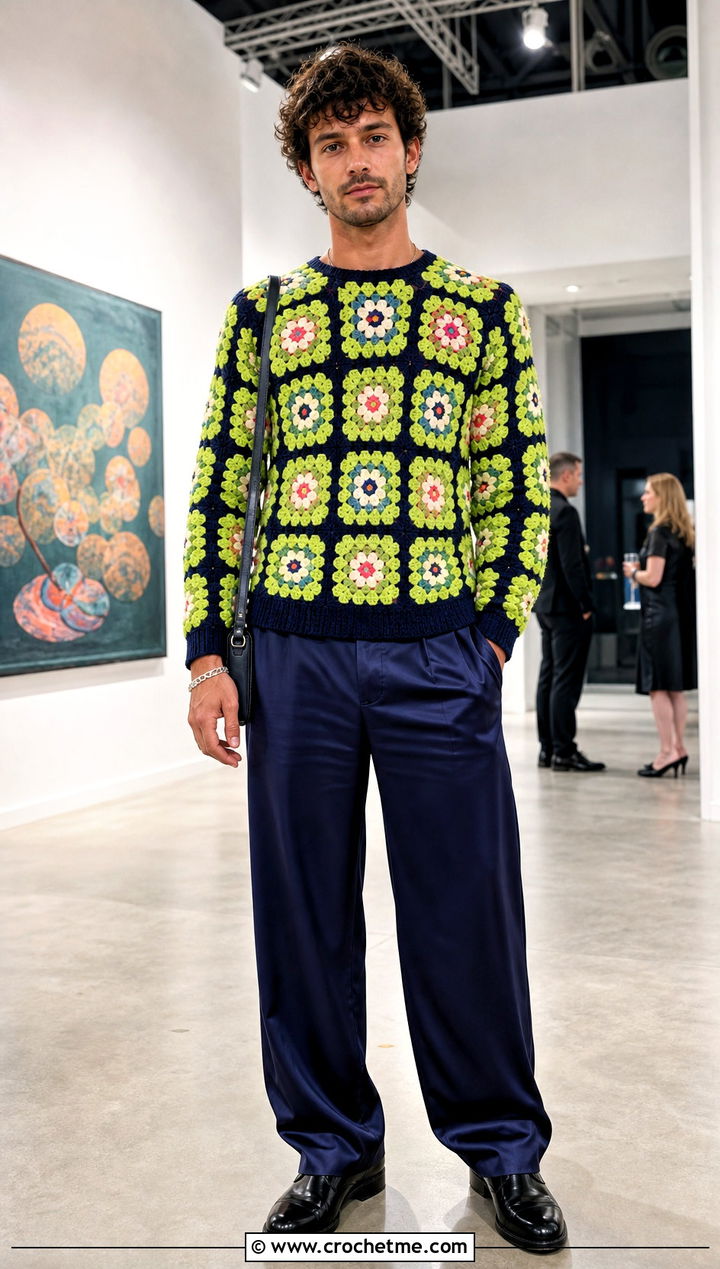 Mens Floral Granny Square Sweater With Satin Trousers - 20 Mens Granny Square Sweater outfit ideas
