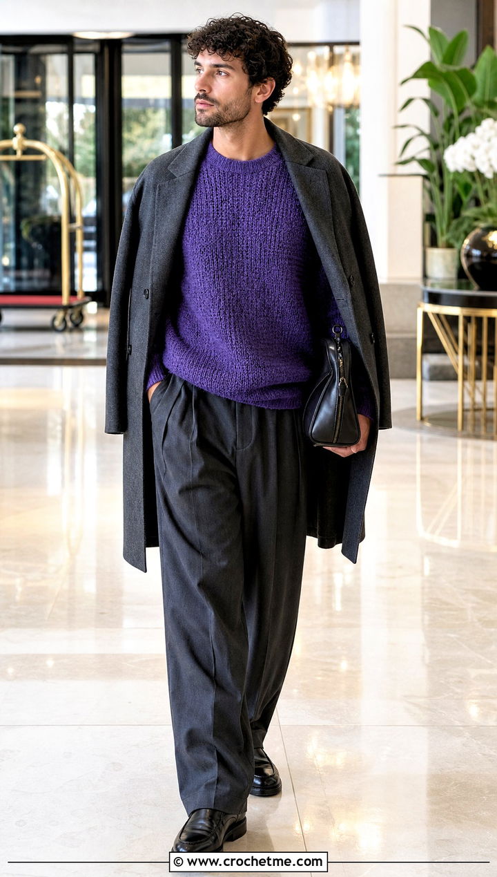 Mens Fuzzy Crochet Sweater With Relaxed Suit Pants - 35 mens crochet sweater outfit ideas