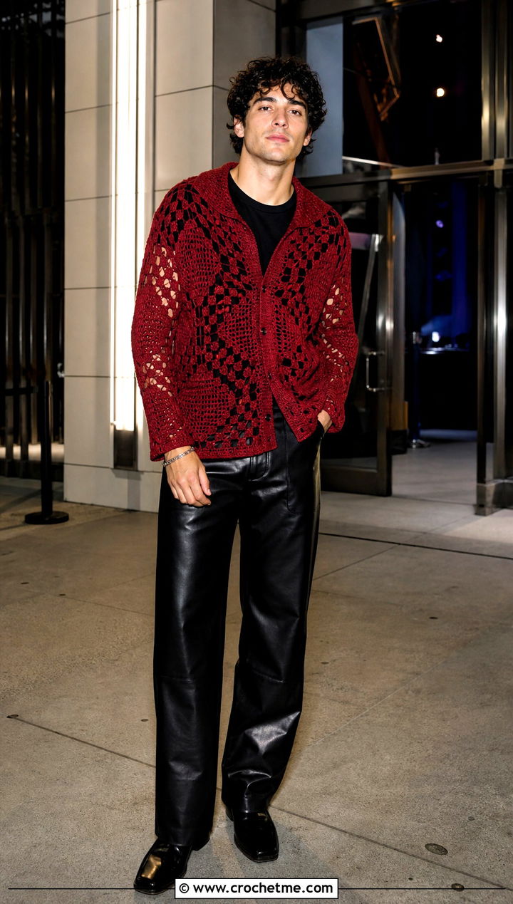 Mens Geometric Crochet Sweater With Leather Pants - 35 mens crochet sweater outfit ideas