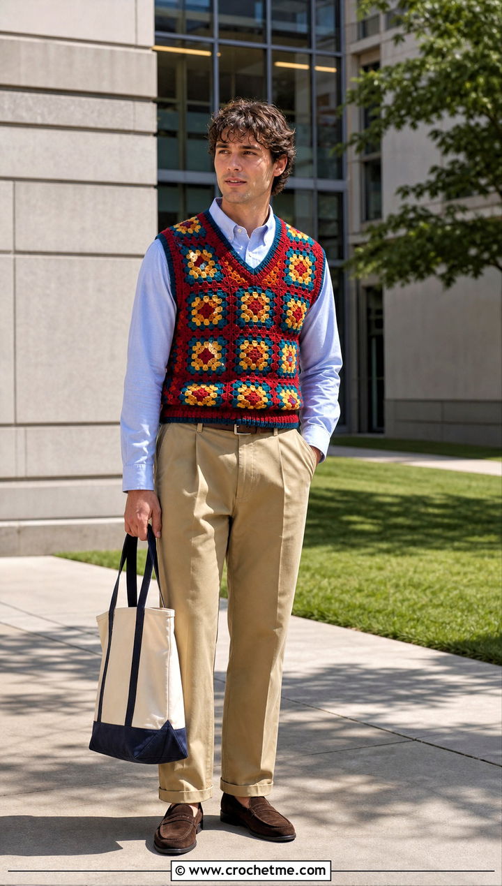 Mens Granny Square Crochet Sweater Vest With Chinos - 20 Mens Crochet Sweater Vest outfit ideas
