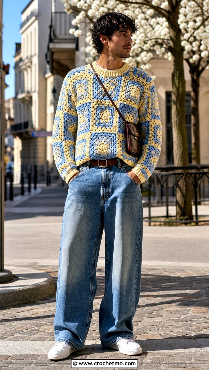 Mens Granny Square Crochet Sweater With Wide Leg Jeans - 35 mens crochet sweater outfit ideas