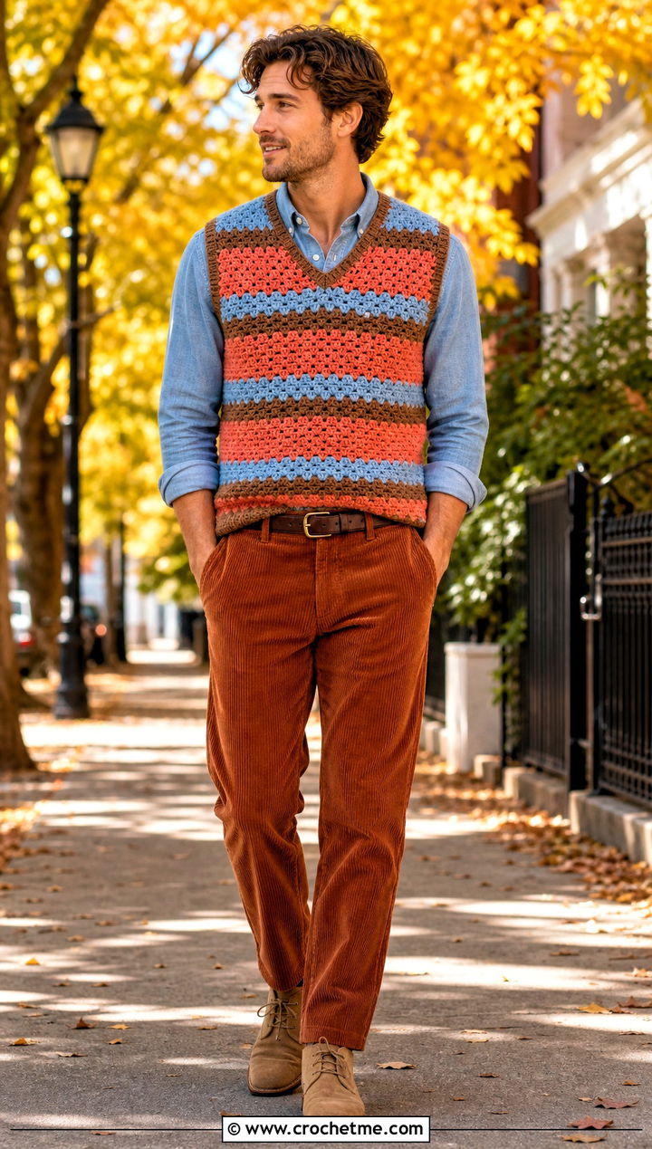 Mens Granny Stripe Crochet Sweater Vest With Corduroy Pants - 20 Mens Crochet Sweater Vest outfit ideas