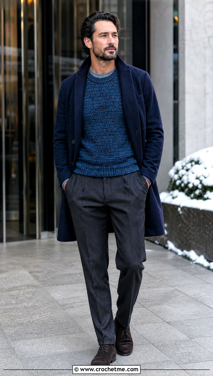 Mens Heathered Crochet Sweater With Flannel Trousers - 35 mens crochet sweater outfit ideas