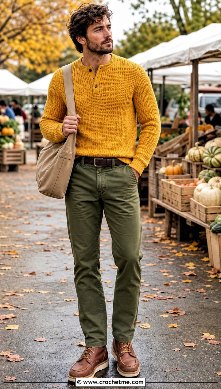 Mens Henley Crochet Sweater With Workwear Pants - 35 mens crochet sweater outfit ideas