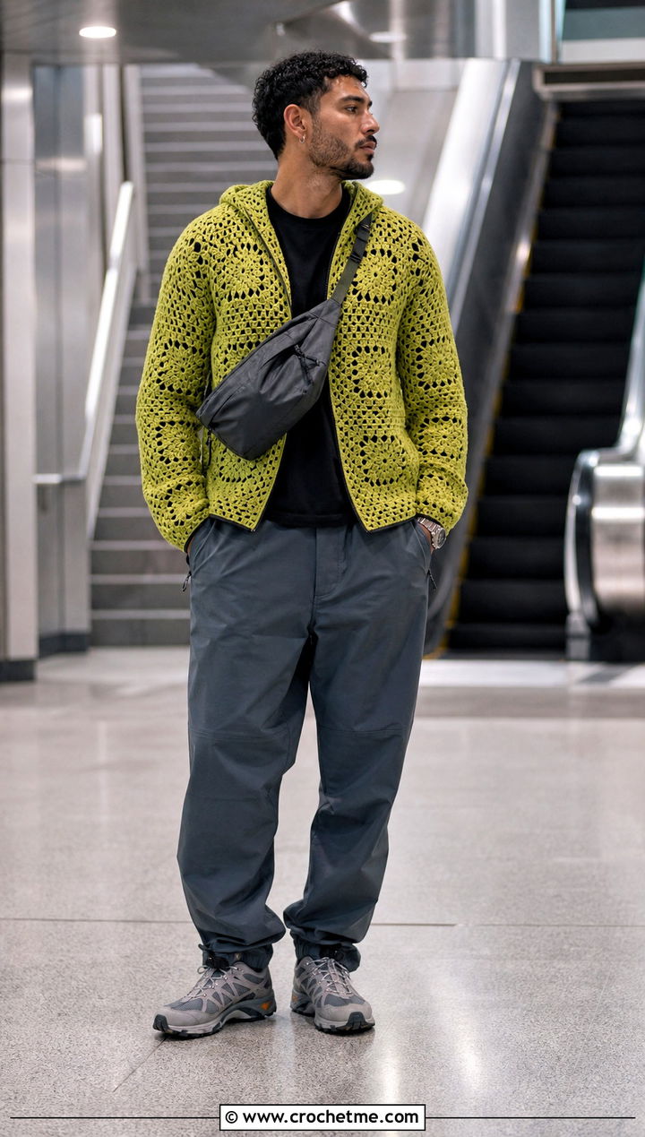 Mens Hooded Granny Square Sweater With Technical Pants - 20 Mens Granny Square Sweater outfit ideas