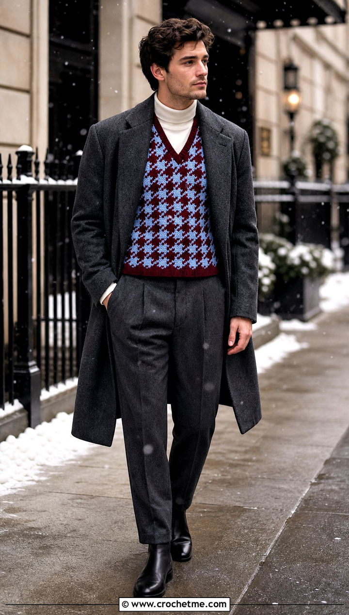 Mens Houndstooth Crochet Sweater Vest With An Overcoat - 20 Mens Crochet Sweater Vest outfit ideas