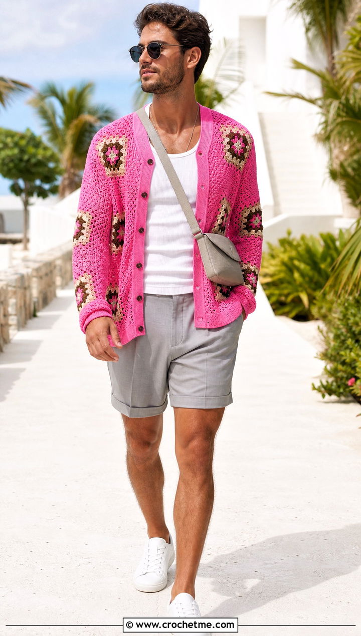 Mens Lightweight Granny Square Sweater With Tailored Shorts - 20 Mens Granny Square Sweater outfit ideas