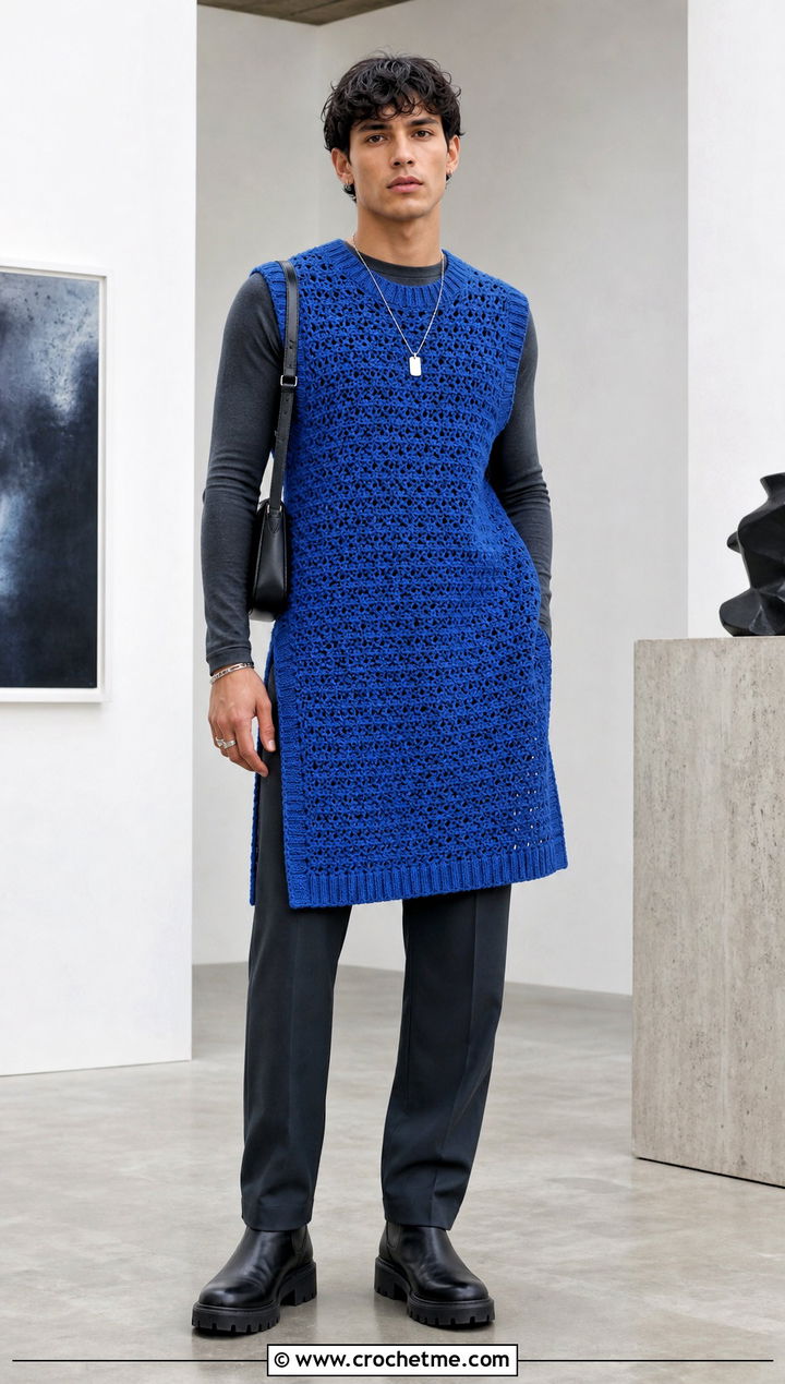Mens Longline Crochet Sweater Vest With Monochrome Clothes - 20 Mens Crochet Sweater Vest outfit ideas