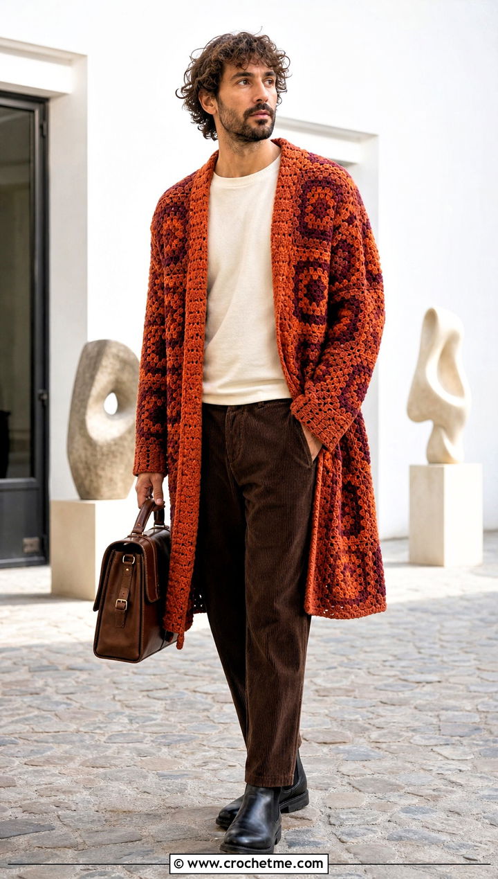 Mens Longline Granny Square Sweater With Corduroy Pants - 20 Mens Granny Square Sweater outfit ideas