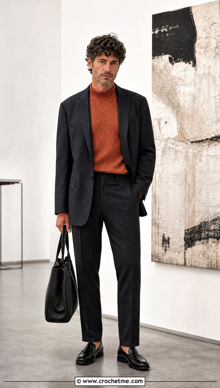 Mens Mock Neck Crochet Sweater With a Suit - 35 mens crochet sweater outfit ideas