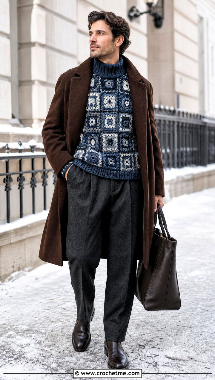 Mens Mock Neck Granny Square Sweater With Wool Trousers - 20 Mens Granny Square Sweater outfit ideas
