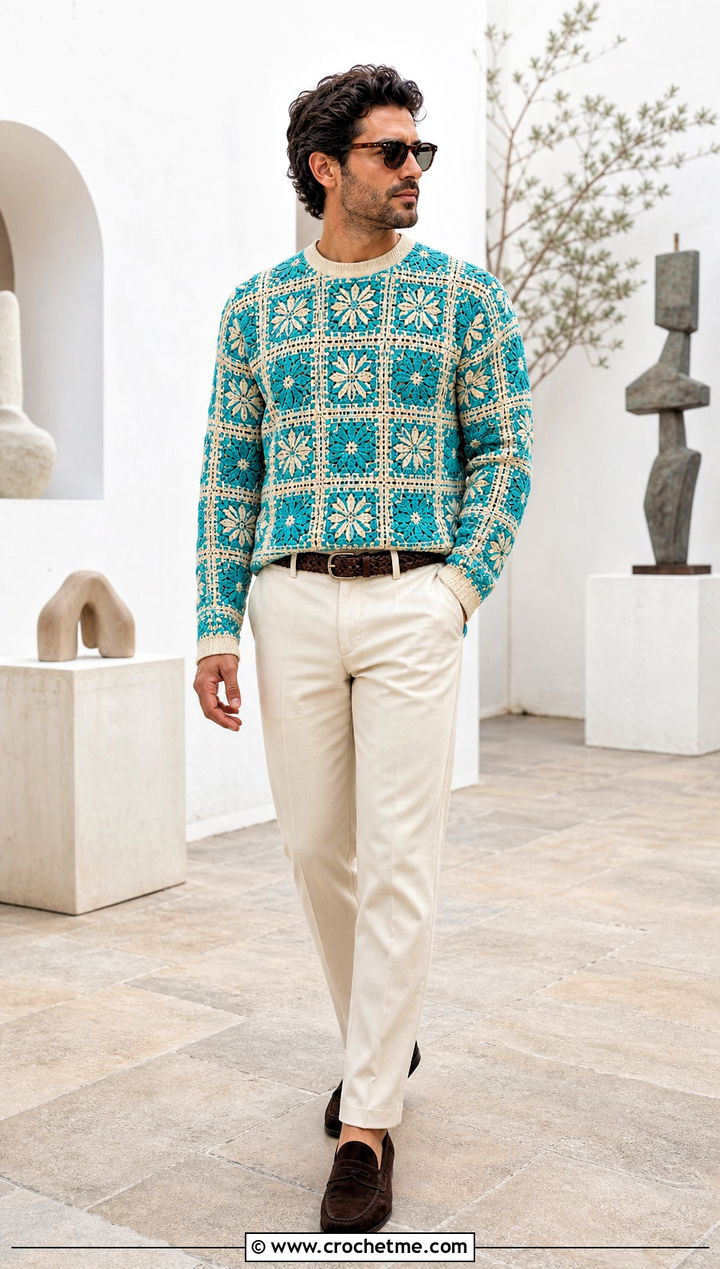 Mens Mosaic Crochet Sweater With Cream Trousers - 35 mens crochet sweater outfit ideas