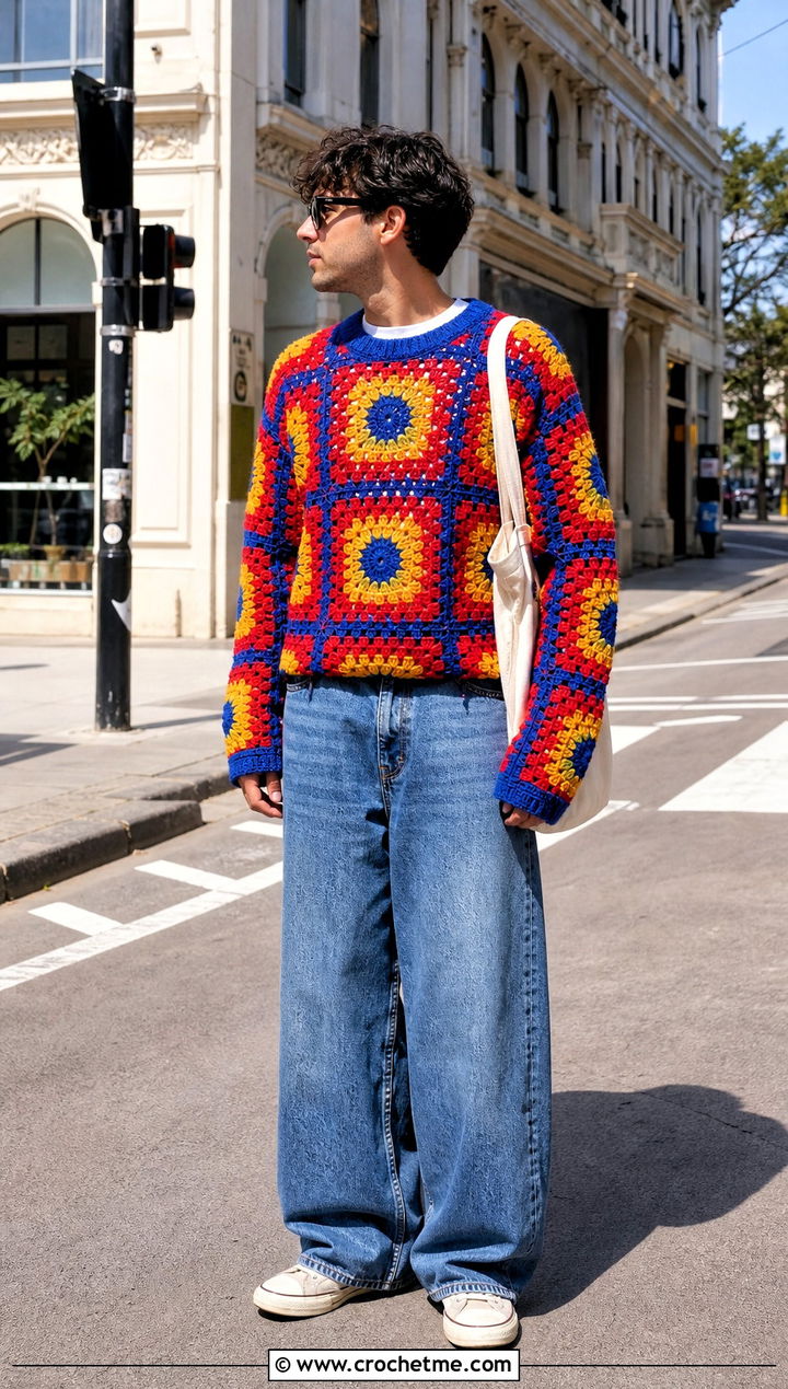 Mens Multicolor Crewneck Granny Square Sweater With Wide Leg Jeans - 20 Mens Granny Square Sweater outfit ideas