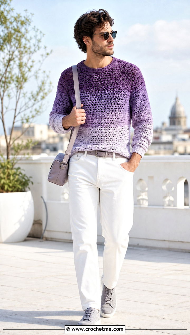 Mens Ombre Crochet Sweater With White Jeans - 35 mens crochet sweater outfit ideas