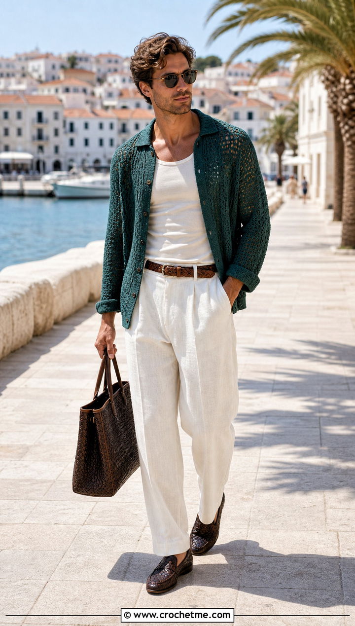 Mens Open Collar Crochet Sweater With Resort Trousers - 35 mens crochet sweater outfit ideas