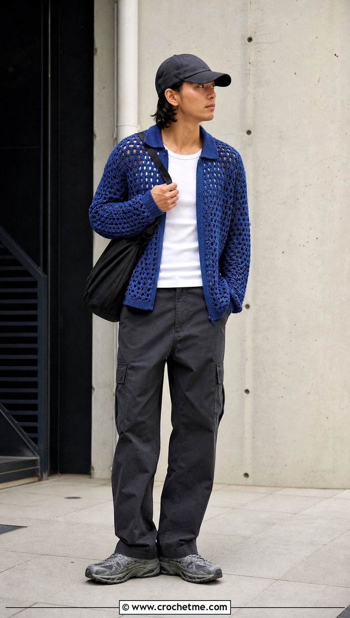 Mens Openwork Crochet Sweater With Cargo Pants - 35 mens crochet sweater outfit ideas