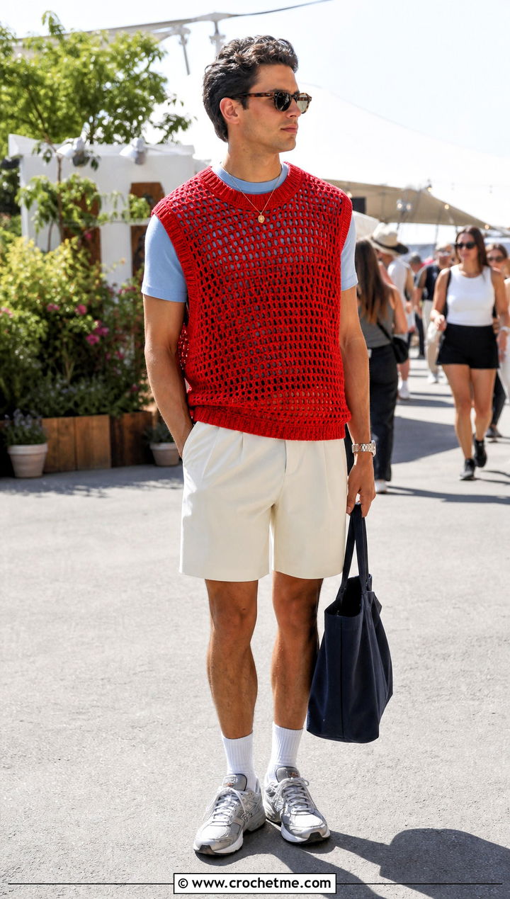 Mens Oversized Crochet Sweater Vest With Shorts - 20 Mens Crochet Sweater Vest outfit ideas