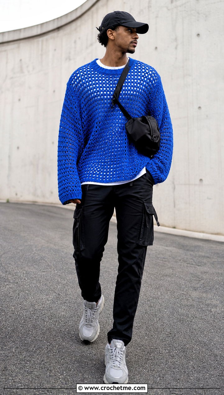 Mens Oversized Crochet Sweater With Slim Cargos - 35 mens crochet sweater outfit ideas
